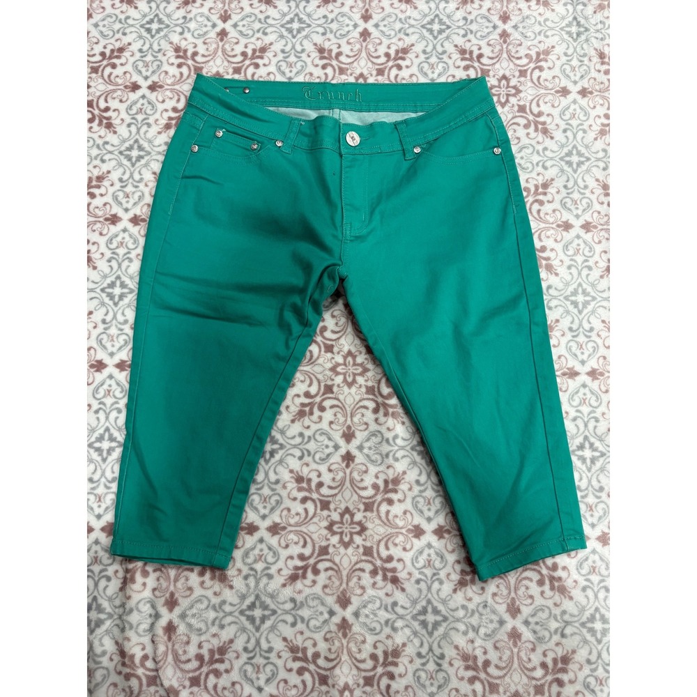 Crunch Jeans Womens Green Cropped Capri Pants Size 13 Stretch Mid Rise Tapered